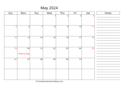 2024 may calendar with canada holidays, side notes, weeks start on sunday, weekends highlight, days at the right landscape letter