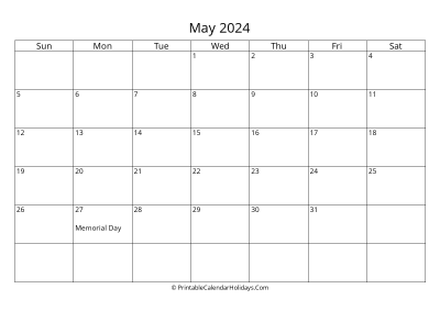 may 2024 simple calendar with us holidays, weeks start on sunday, days at the left landscape letter
