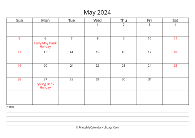 printable may 2024 calendar with uk bank holidays, bottom notes, weeks start on sunday, weekends highlight, days at the center landscape letter