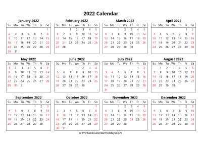 Printable 2022 Calendar with US Holidays