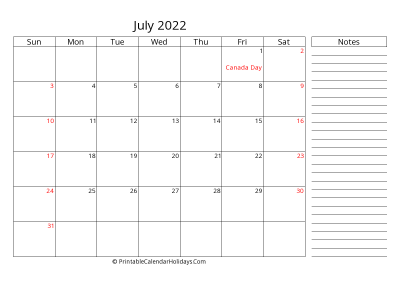 2022 july calendar with canada holidays, side notes, weeks start on sunday, weekends highlight, days at the right landscape letter
