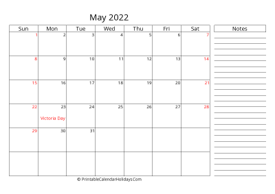 2022 may calendar with canada holidays, side notes, weeks start on sunday, weekends highlight, days at the right landscape letter