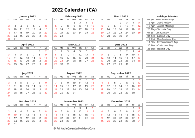 Yearly Calendar 2022 with Canada Holidays