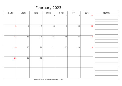 2023 february calendar with canada holidays, side notes, weeks start on sunday, weekends highlight, days at the right landscape letter