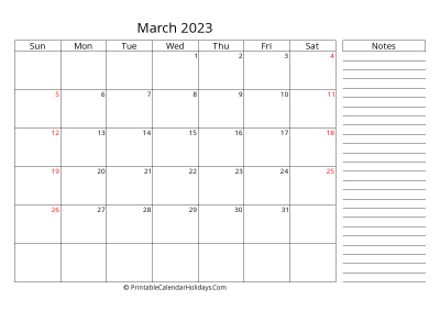2023 march calendar with canada holidays, side notes, weeks start on sunday, weekends highlight, days at the right landscape letter