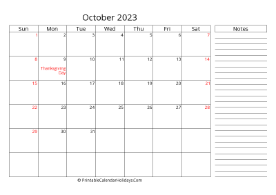 2023 october calendar with canada holidays, side notes, weeks start on sunday, weekends highlight, days at the right landscape letter
