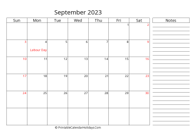 2023 september calendar with canada holidays, side notes, weeks start on sunday, weekends highlight, days at the right landscape letter