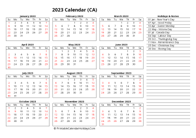 Yearly Calendar 2023 with Canada Holidays