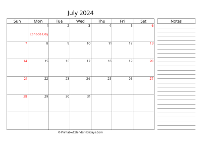 2024 july calendar with canada holidays