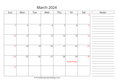 2024 march calendar with canada holidays, side notes, weeks start on sunday, weekends highlight, days at the right landscape letter