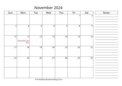 2024 november calendar with canada holidays