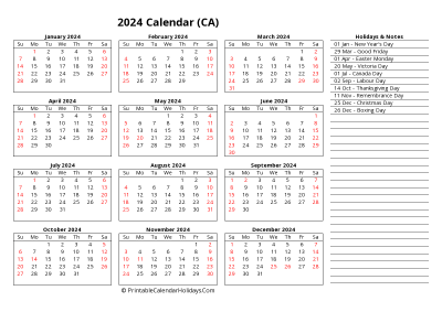 Yearly Calendar 2024 with Canada Holidays