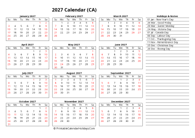 Yearly Calendar 2027 with Canada Holidays