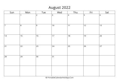 august 2022 simple calendar with us holidays, weeks start on sunday, days at the left landscape letter