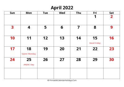 calendar april 2022 with large font include australia holidays