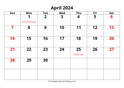 calendar april 2024 with large font include australia holidays