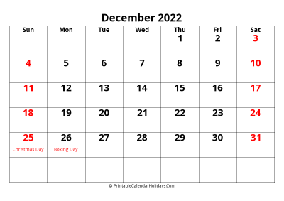 calendar december 2022 with large font include australia holidays