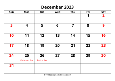 calendar december 2023 with large font include australia holidays