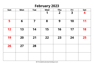 calendar february 2023 with, large font, australia holidays, weeks start on sunday, weekends highlight landscape letter