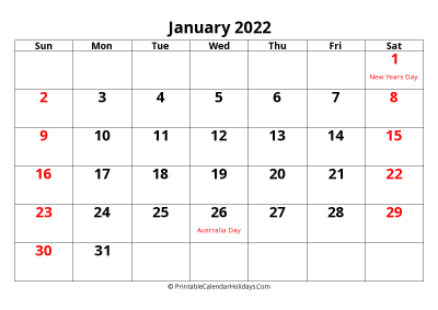 calendar january 2022 with, large font, australia holidays, weeks start on sunday, weekends highlight landscape letter