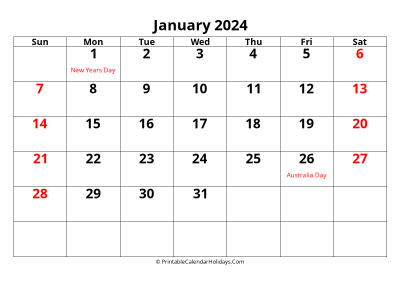 calendar january 2024 with large font include australia holidays
