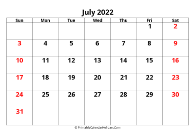 calendar july 2022 with, large font, australia holidays, weeks start on sunday, weekends highlight landscape letter