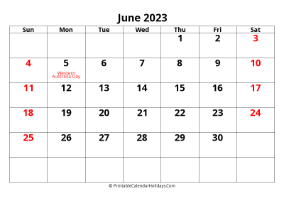 calendar june 2023 with large font include australia holidays