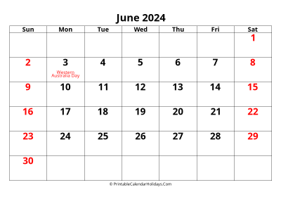 calendar june 2024 with large font include australia holidays