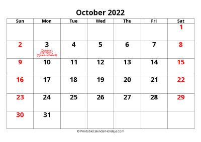 calendar october 2022 with large font include australia holidays