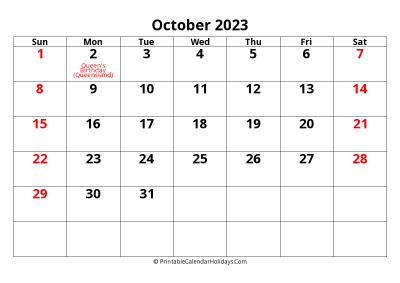 calendar october 2023 with, large font, australia holidays, weeks start on sunday, weekends highlight landscape letter