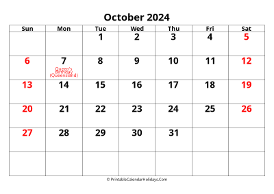 calendar october 2024 with large font include australia holidays