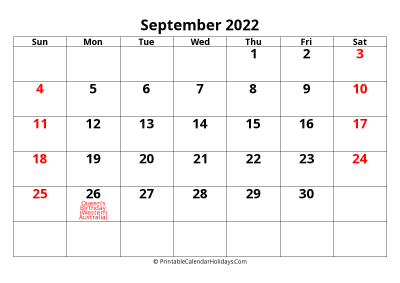 calendar september 2022 with large font include australia holidays