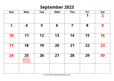 calendar september 2023 with, large font, australia holidays, weeks start on sunday, weekends highlight landscape letter