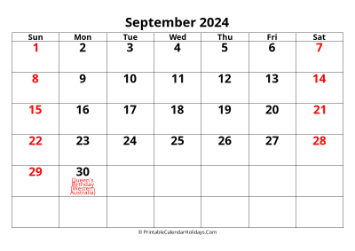 calendar september 2024 with large font include australia holidays