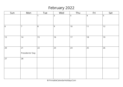february 2022 simple calendar with us holidays