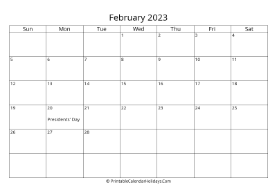 february 2023 simple calendar with us holidays, weeks start on sunday, days at the left landscape letter