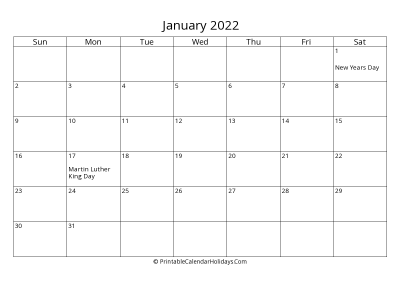 january 2022 simple calendar with us holidays, weeks start on sunday, days at the left landscape letter