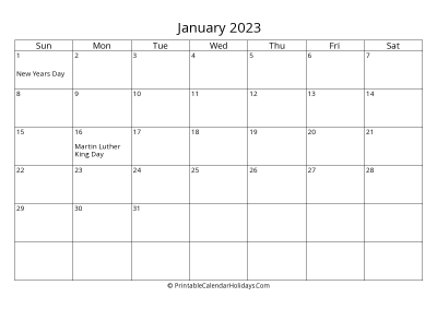 january 2023 simple calendar with us holidays