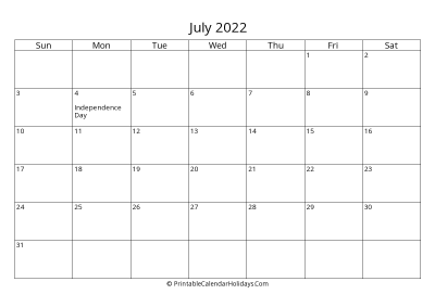 july 2022 simple calendar with us holidays, weeks start on sunday, days at the left landscape letter