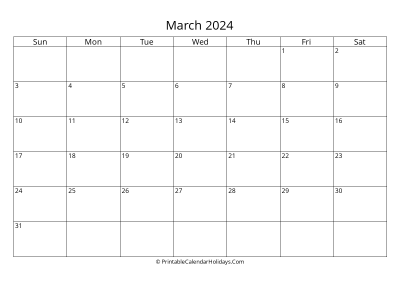 march 2024 simple calendar with us holidays, weeks start on sunday, days at the left landscape letter