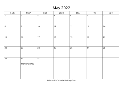 may 2022 simple calendar with us holidays, weeks start on sunday, days at the left landscape letter