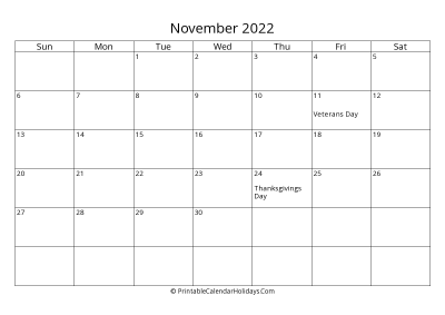 november 2022 simple calendar with us holidays
