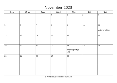november 2023 simple calendar with us holidays
