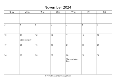 november 2024 simple calendar with us holidays