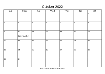 october 2022 simple calendar with us holidays