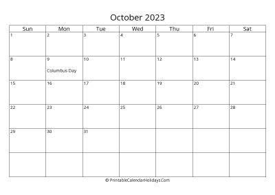 october 2023 simple calendar with us holidays, weeks start on sunday, days at the left landscape letter