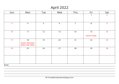 printable april 2022 calendar with uk bank holidays