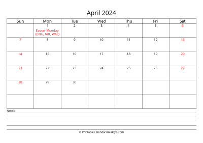 printable april 2024 calendar with uk bank holidays