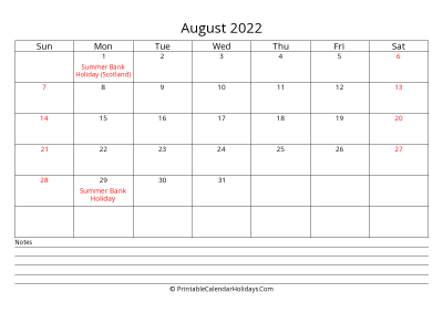 printable august 2022 calendar with uk bank holidays, bottom notes, weeks start on sunday, weekends highlight, days at the center landscape letter