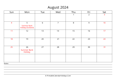 printable august 2024 calendar with uk bank holidays